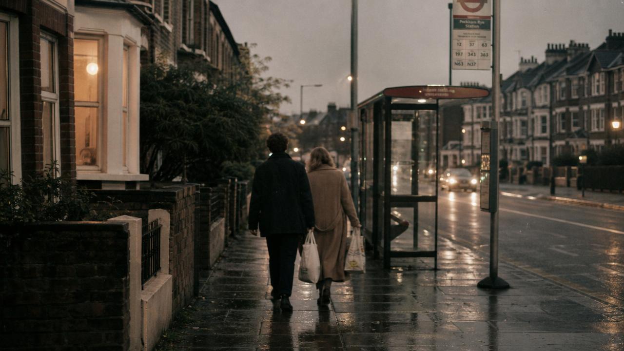 Two people walking home together along a rainy British street at dusk